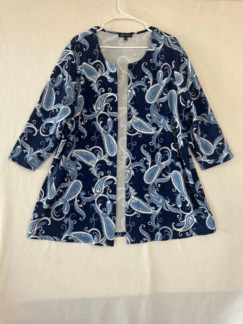 Slinky Brand Open Front Cardigan Top 1X Blue Paisley